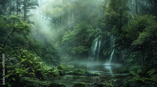 rainforest fog enhances the exotic beauty of the lush green vegetation