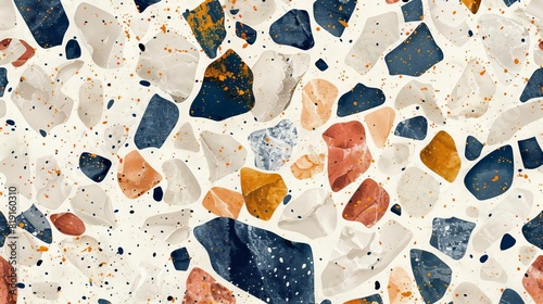 Hand-painted terrazzo with a warm, Mediterranean feel. The palette should include mustard yellow, terracotta, navy, and dusty pink