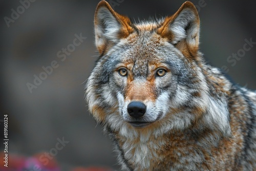 Close-up portrait of a grey wolf  Canis lupus 