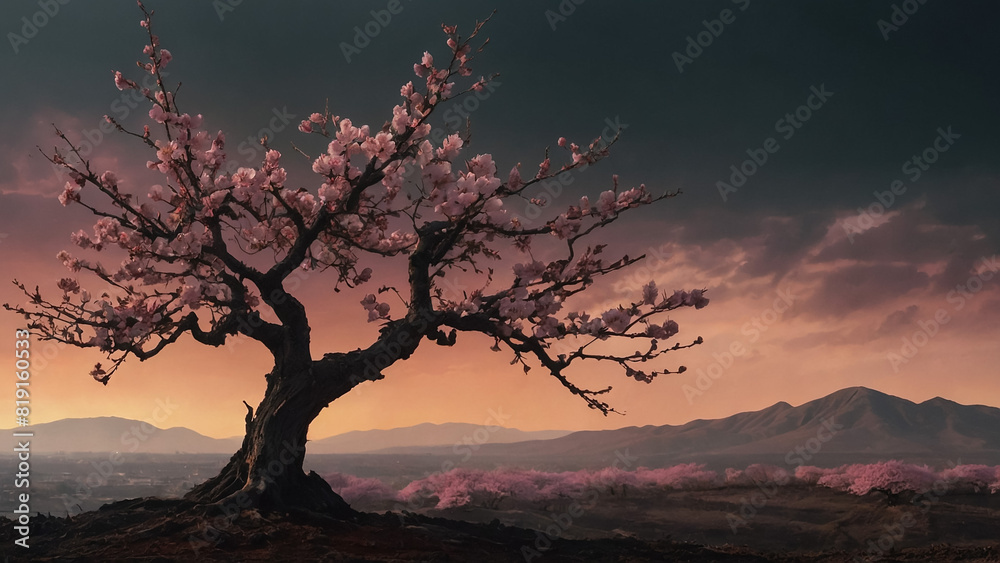 Digital art of a single cherry blossom tree at the top of a hill mountain in a sunset. 3D, Illustration 3D. Digital art of a single cherry blossom tree at the top of a hill mountain in a sunset. 3D, Illustration 3D.
