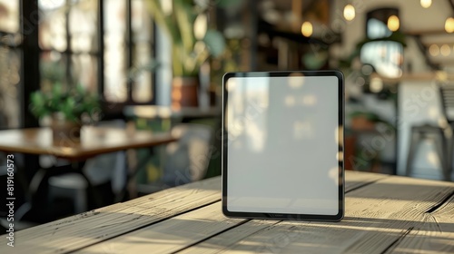 A digital painting of a tablet on a wooden table. The tablet is blank and has a black frame. The background is a blurred image of a restaurant with plants and lights