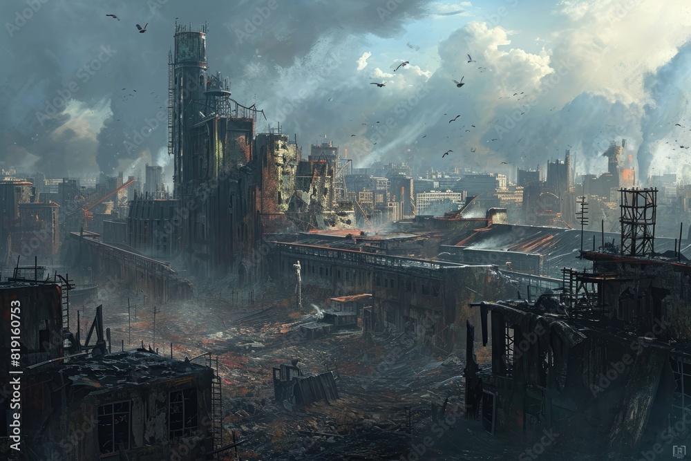 post-apocalyptic cityscape with repurposed structures and improvised defenses