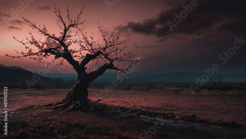 Digital art of a single cherry blossom tree at the top of a hill mountain in a sunset.  3D  Illustration 3D.