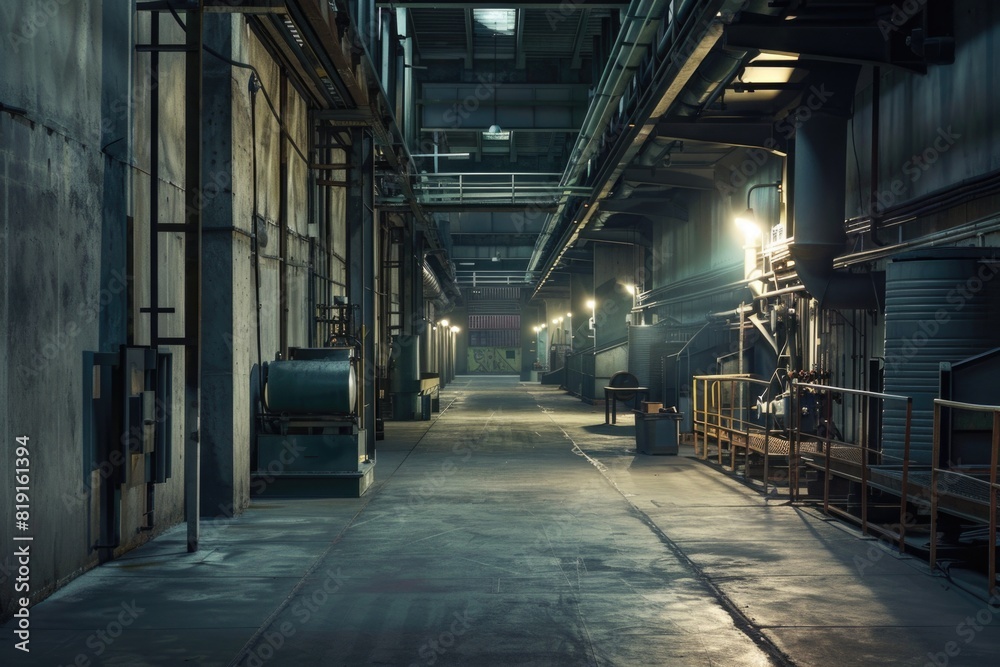 An empty industrial building with bright lights, suitable for business concepts