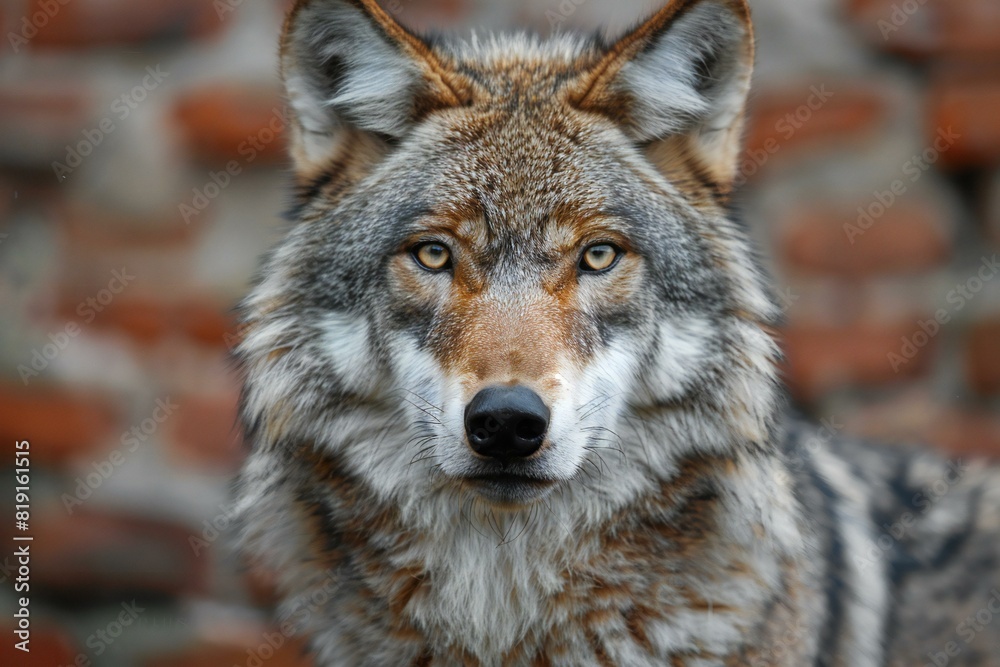Close-up portrait of a wolf in front of a brick wall