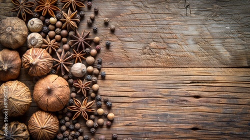 spices - a variety of allspice and star anise on wooden background
