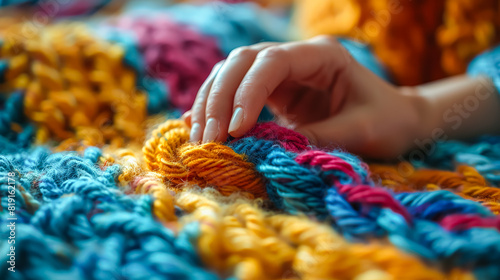 A hand is touching a colorful blanket with a blue, yellow, and red stripe. The hand is touching the blanket in a way that it looks like it is trying to pull it apart