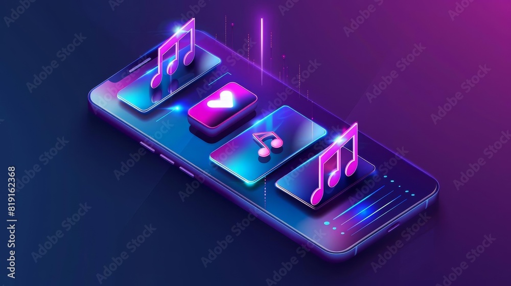A mobile phone screen displaying a music icon with a trending playlist icon applied, illustration A mobile phone screen displaying a music icon with a trending playlist icon applied, illustration