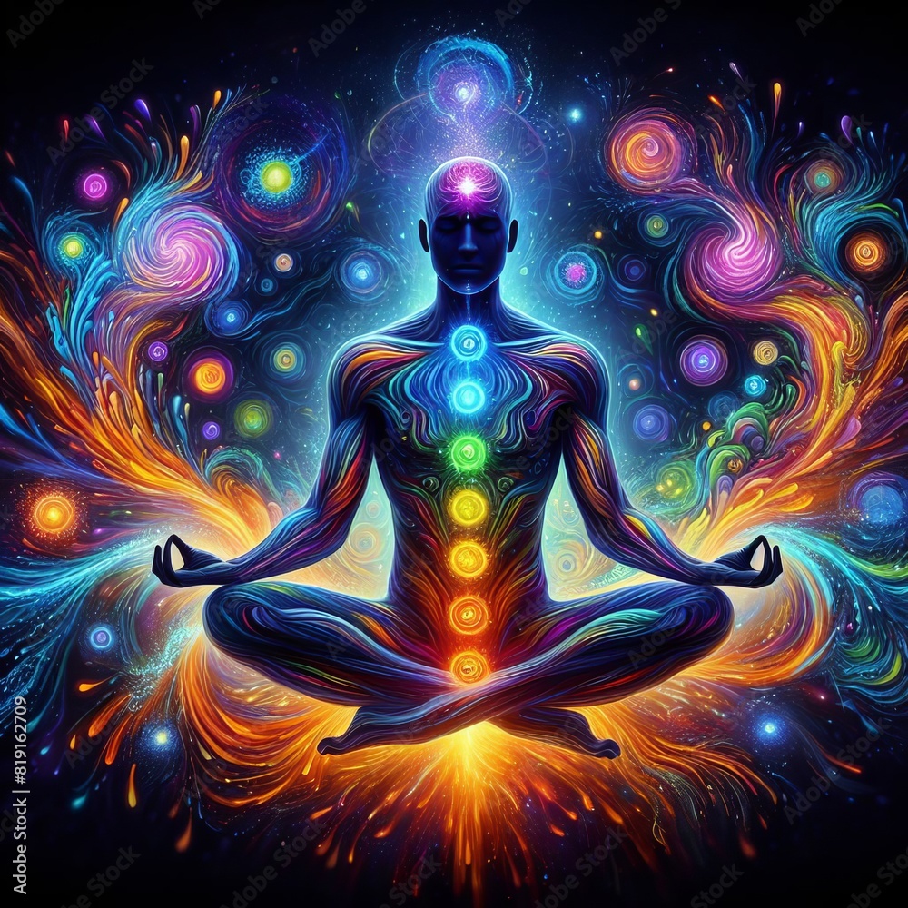 Vibrant digital artwork of a meditating figure with a glowing aura featuring multiple colors and dynamic patterns.. AI Generation Vibrant digital artwork of a meditating figure with a glowing aura featuring multiple colors and dynamic patterns.. AI Generation