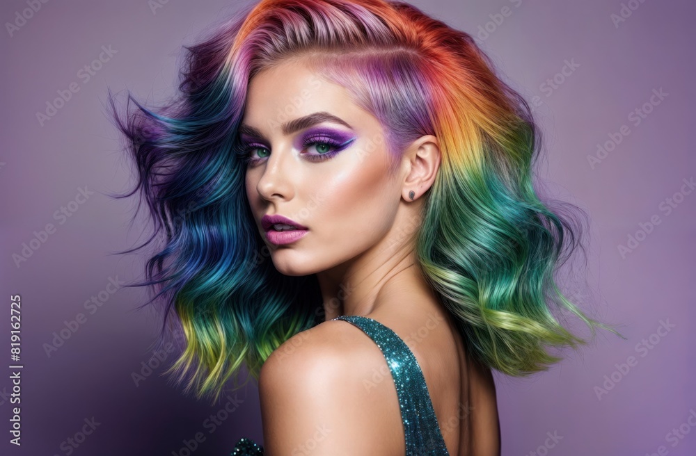 Expressive photo of a young woman with iridescent multicolored strands and stand out makeup on a lilac monochrome background Expressive photo of a young woman with iridescent multicolored strands and stand out makeup on a lilac monochrome background
