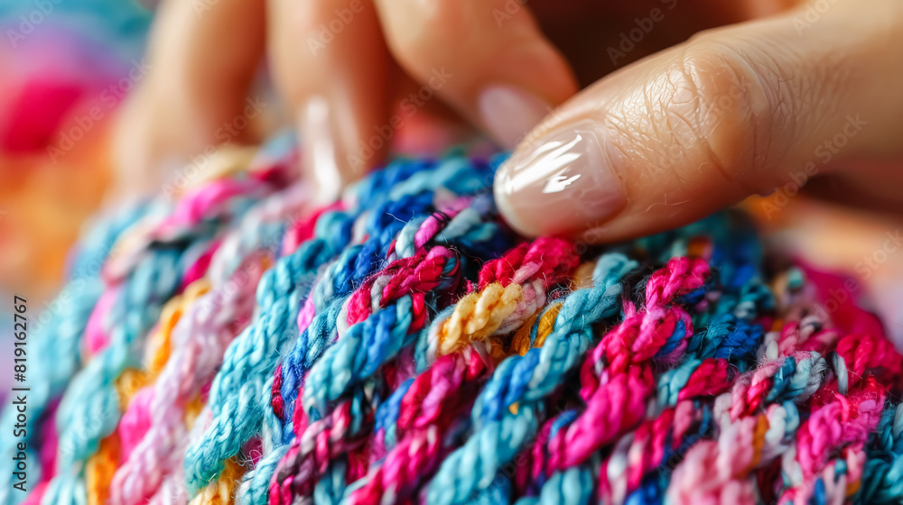 A hand is touching a colorful blanket with a blue, yellow, and red stripe. The hand is touching the blanket in a way that it looks like it is trying to pull it apart A hand is touching a colorful blanket with a blue, yellow, and red stripe. The hand is touching the blanket in a way that it looks like it is trying to pull it apart