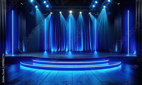 an empty stage with blue curtains and lights, featuring a blue stage and floor