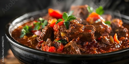 Closeup of steaming hot bowl with Hungarian goulash featuring tender beef. Concept Food Photography, Hungarian Cuisine, Steaming Hot Bowls, Goulash Recipe, Closeup Shots photo