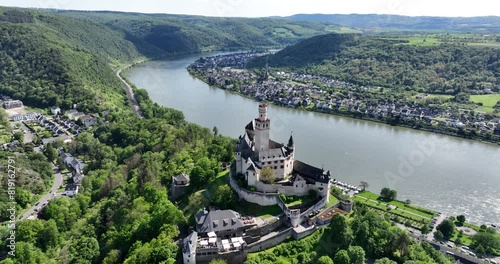 Aerial birds eye view of Marksburg Castle, a medieval stronghold on a mountain. Fairytail castle, photo