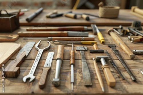 A collection of tools laid out on a wooden table. Perfect for DIY projects or construction concepts