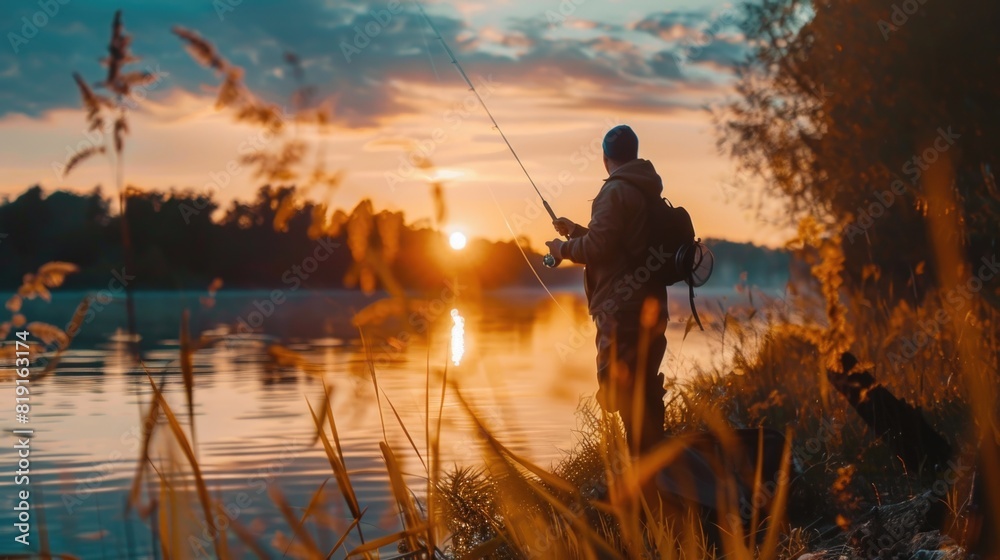 A man enjoying fishing on a peaceful lake at sunset. Great for outdoor and leisure concepts A man enjoying fishing on a peaceful lake at sunset. Great for outdoor and leisure concepts