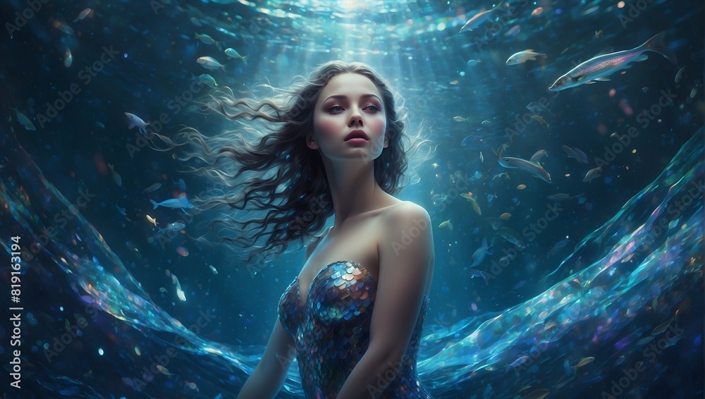 In a burst of celestial radiance, an augmented cosmic selkie emerges from the depths of the ocean, adorned in shimmering iridescent scales that shift with the colors of the galaxy. In a burst of celestial radiance, an augmented cosmic selkie emerges from the depths of the ocean, adorned in shimmering iridescent scales that shift with the colors of the galaxy.
