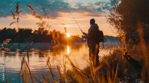 A man enjoying fishing on a peaceful lake at sunset. Great for outdoor and leisure concepts