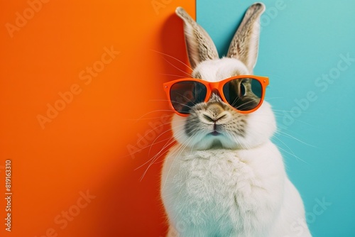 a rabbit wearing orange sunglasses stands in front of a blue and orange wall, with a long white whisker visible in the foreground