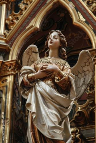 A beautiful statue of an angel holding a cross, suitable for religious themes or memorial designs