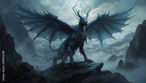 In a hauntingly beautiful digital landscape, an ethereal creature of shadows and light dances amongst swirling mist and jagged rocks