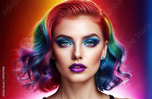 Portrait of an original and creative person - a girl with fantasy hairstyle poses against a multicolored wall with expressive makeup