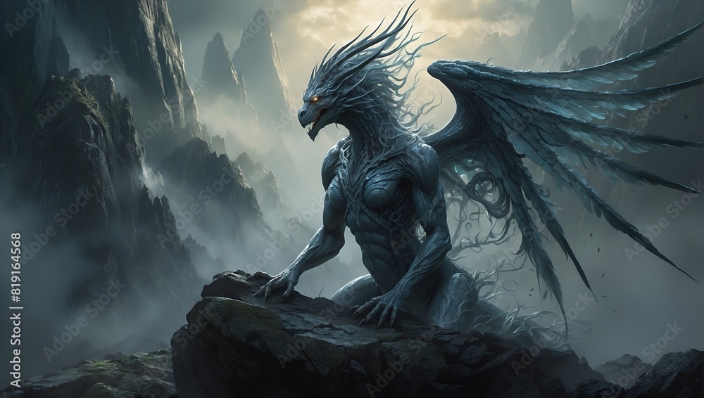 In a hauntingly beautiful digital landscape, an ethereal creature of shadows and light dances amongst swirling mist and jagged rocks In a hauntingly beautiful digital landscape, an ethereal creature of shadows and light dances amongst swirling mist and jagged rocks