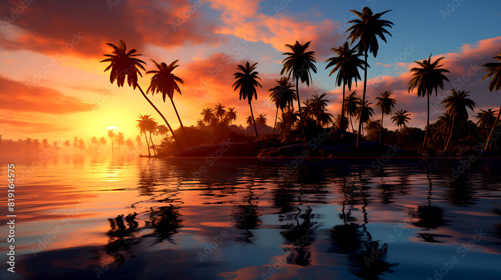 A serene sunset scene with palm trees reflected in the calm water A serene sunset scene with palm trees reflected in the calm water