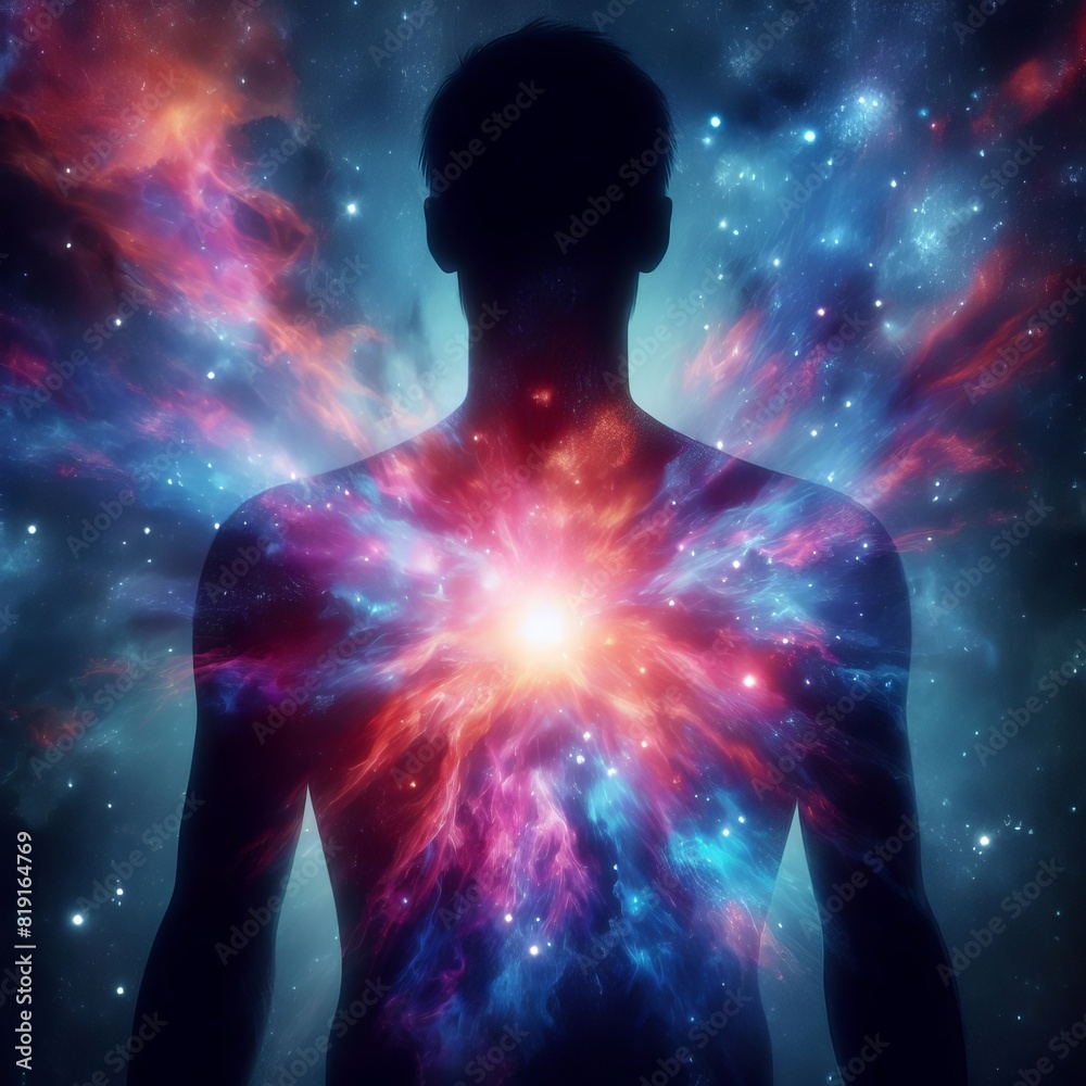 Artistic representation of a man with a vibrant cosmic universe emanating from his chest, symbolizing inner power and mystery.. AI Generation