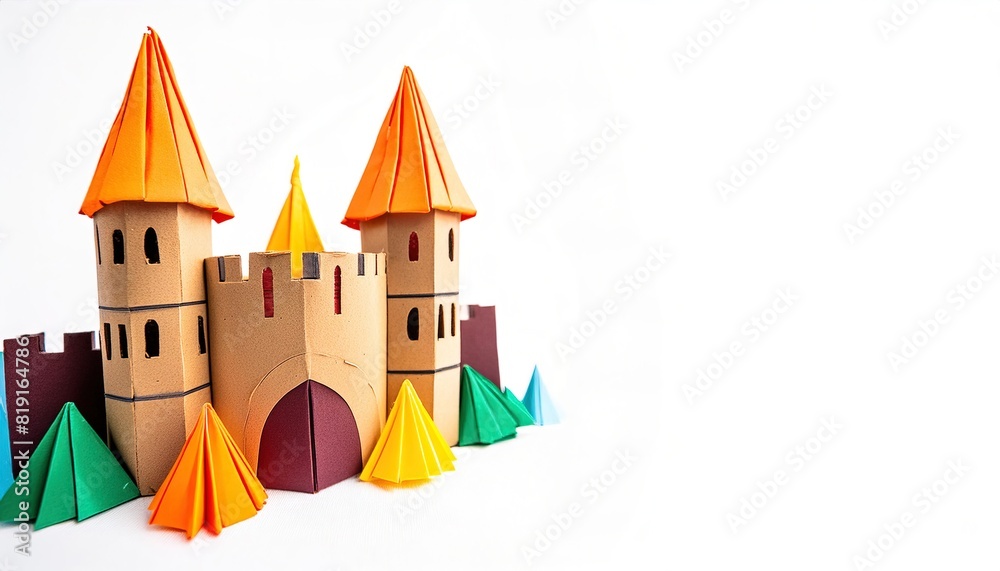 medieval middle ages castle home of king and queen fancy lavish lifestyle concept paper origami isolated on white background with green trees with copy space