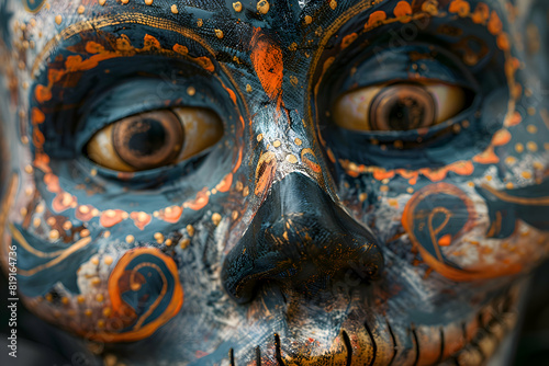 A close-up of a spooky Halloween mask, with intricate designs and eerie expressions