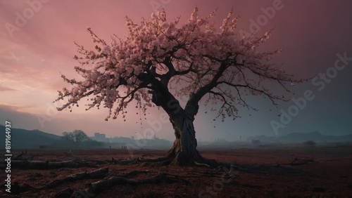 Digital art of a single cherry blossom tree at the top of a hill mountain in a sunset.  3D  Illustration 3D. 
