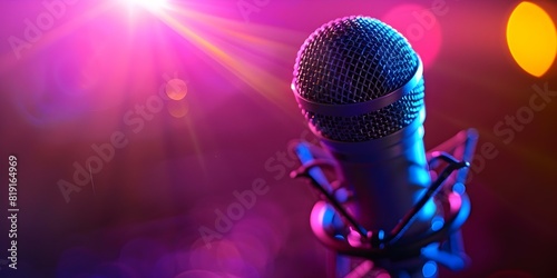 Podcast or recording studio banner with pinkpurple background and microphone. Concept Podcast, Recording Studio, Pink/Purple Background, Microphone, Banner