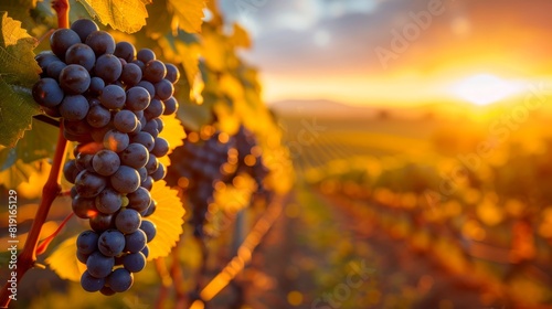Summer vineyard landscape against sunset background, ripe red blue white grapes and making the best wine