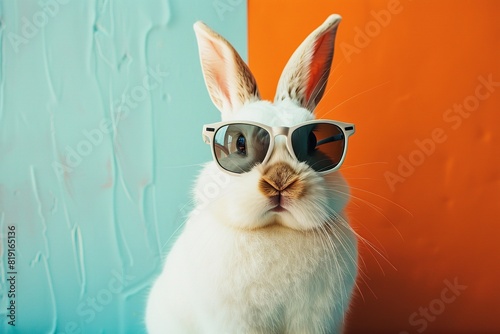 a white rabbit with a pink nose and closed mouth wears black sunglasses while standing in front of a blue wall, with a long white whisker visible in the foreground photo
