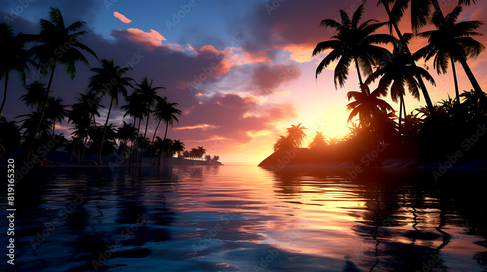 A serene sunset scene with palm trees reflected in the calm water A serene sunset scene with palm trees reflected in the calm water