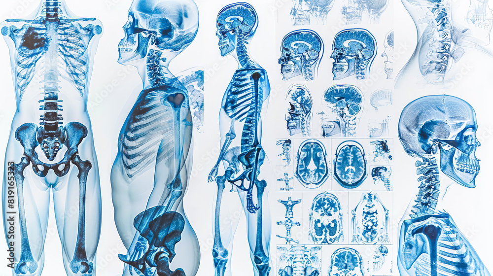 The image is a collection of blue and white drawings of human anatomy, including the skeleton and brain. Scene is scientific and educational, as it aims to teach viewers about the human body The image is a collection of blue and white drawings of human anatomy, including the skeleton and brain. Scene is scientific and educational, as it aims to teach viewers about the human body