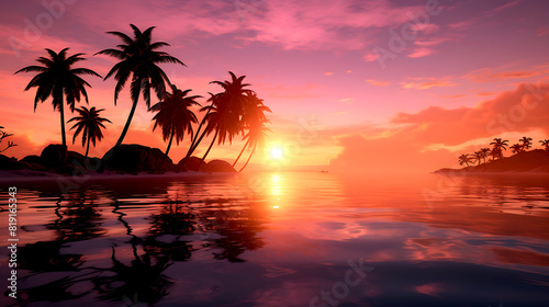 A serene sunset scene with palm trees reflected in the calm water