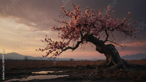 Digital art of a single cherry blossom tree at the top of a hill mountain in a sunset.  3D  Illustration 3D. 