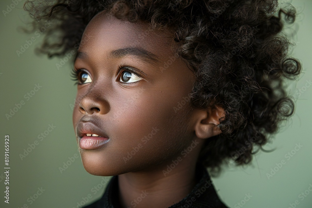 Black boy with large curls looks out at green background