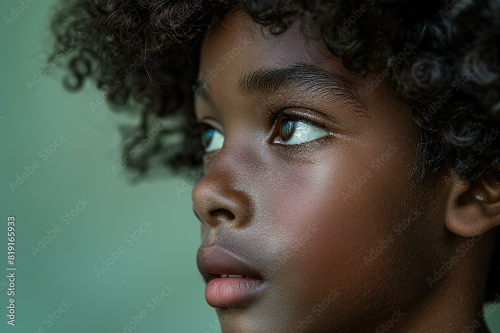 Black boy with large curls looks out at green background