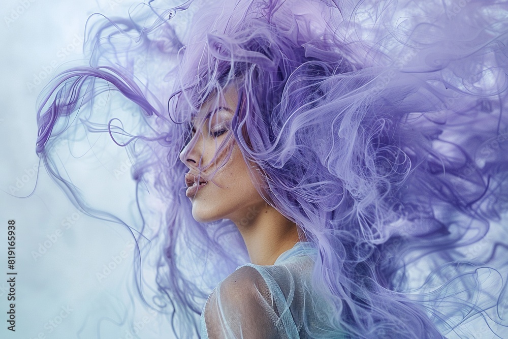 a woman with purple hair blowing in the wind wearing a blue and white shirt, with a white face and nose a woman with purple hair blowing in the wind wearing a blue and white shirt, with a white face and nose