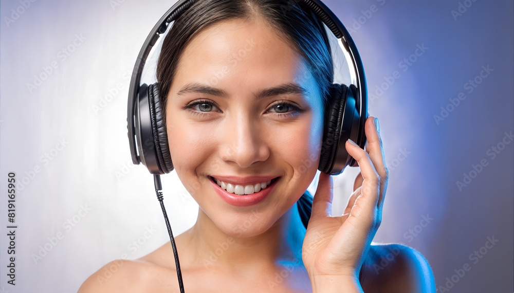 A woman is smiling and looking directly at the camera, wearing headphones A woman is smiling and looking directly at the camera, wearing headphones