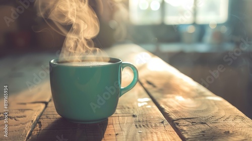 Show a cup of coffee on a wooden table, focusing on the steam rising with copy space for an image, with Overlay