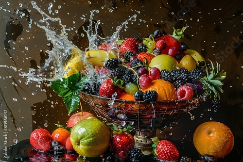 A colorful still life showcasing a variety of fruits overflowing from a bowl, with a stream of sparkling juice cascading down and creating a vibrant splash.