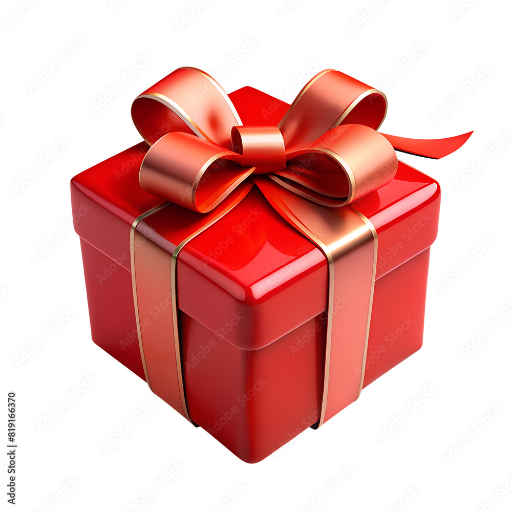 Fototapeta premium 3d plastic cartoon render flying red square closed present gift box with red ribbon bow and stars explosion icon design. High resolution PNG icon on transparent background
