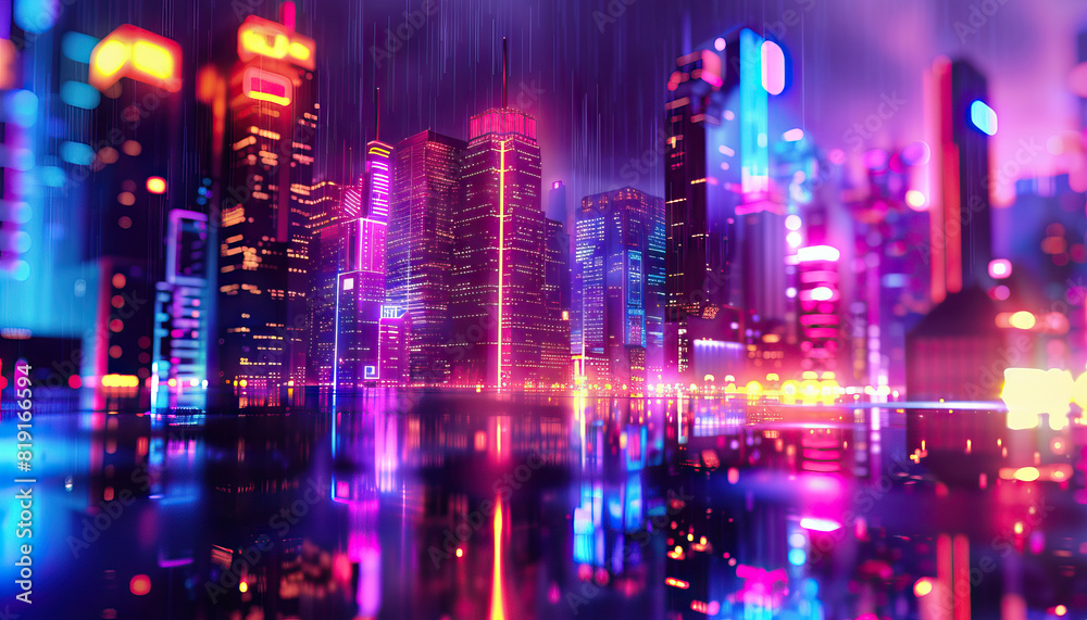 Fototapeta premium Abstract Digital Artwork with Neon Cityscape - Add an urban vibe with this abstract digital artwork featuring a neon cityscape, perfect for creating a futuristic and energetic look.