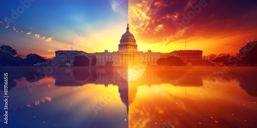 US Capitol at sunset symbolizing political division between Republicans and Democrats. Concept Political Division, Sunset Symbolism, US Capitol, Republicans vs Democrats, Cultural Communication
