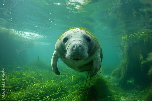 Cute elephant seal swimming in the water with green grass on the bottom photo