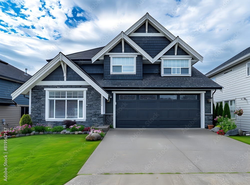 front of beautiful home in the British Columbia, Canada with large garage and driveway on cloudy day front of beautiful home in the British Columbia, Canada with large garage and driveway on cloudy day
